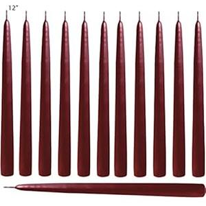 Burgundy Taper Candles 12 Inch Tall Dripless Smokeless Elegant Premium Quality Unscented Hand-Dipped Set of 12 for Wedding, Dinner, Formal Candlelighting Made in USA