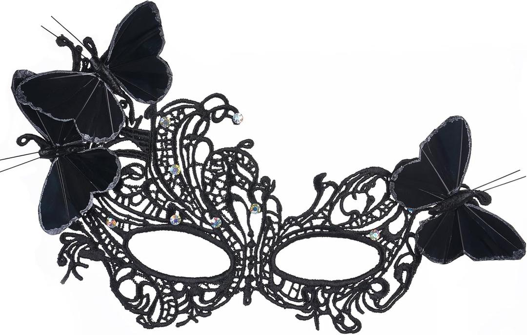 Lace Masquerade Masks for Women - 2025 Halloween Venetian Butterfly Mask with Rhinestone (Black)