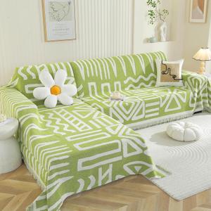 Royhom Sectional Couch Covers 2 Pieces, L Shaped Couch Cover Blanket, Boho Sofa Covers Washable, Sofa Slipcover with Tassel, Suitable for All Seasons (71"x118"+91"x134", Green)