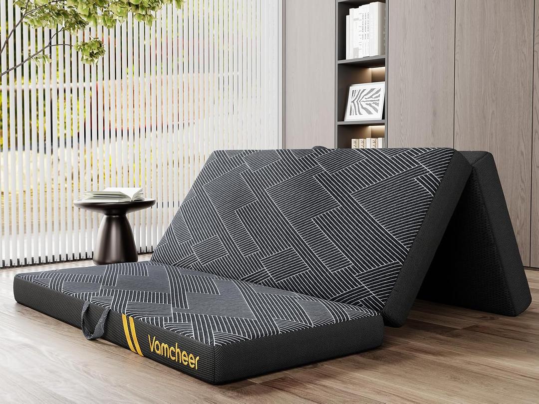 Vamcheer Tri Folding Mattress, 4 inch Full Foldable Mattress, Tri-fold Memory Foam Mat with a Collapsible and Washable Cover, Handle & Non-Slip Bottom, for Travel/Guest, 73"x52"x4", Grey