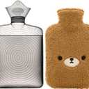 samply Hot Water Bottle with Cute Fleece Cover, Hot Water Bag for Hot and Cold Compress, Hand Feet Warmer, Neck and Shoulder Pain Relief, Brown Bear