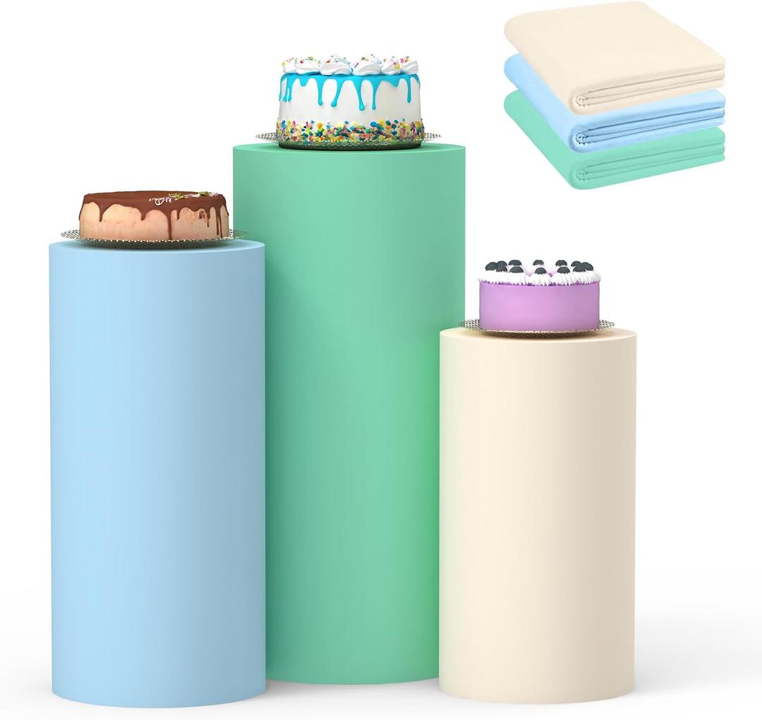 Cylinder Covers Set of 3, Cylinder Stand Covers for Parties,Round Pedestal Stand Covers for Cylinder Stands for Wedding Party Birthday Display(Cylinder Stands Not Included) (Beige Sky Blue Light Green, L+XL+XXL)