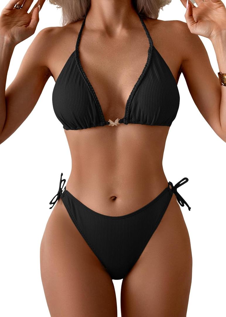 Eomenie Womens Ribbed Bikini Set Sexy Halter Triangle Top Swimsuit Tie Side Two Piece Bathing Suit Moderate Coverage (Black, S)