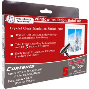 5-Window Shrink Film Window Insulation kit（62-Inch x 210-Inch）
Insulating Film Window Kit Keeps Cold Air Out and Warm Air In (5 Windows)