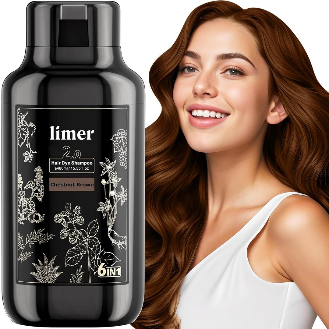 Limer Hair Dye Shampoo, Chestnut Brown 6-in-1 Natural Herbal Hair Color Shampoo, Semi-Permanent Gray Coverage with Pleasant Scent, Ammonia-Free Formula for Women & Men (460ml/15.55fl oz)