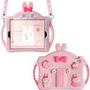 WESADN for iPad 5 6th Generation Case iPad Pro 9.7 for Kids Girls with Screen Protector Shoulder Strap Kickstand Cute Dolls Rabbit Silicone Full Body Protective Tablet Cover for iPad Air 2/1 Pink
