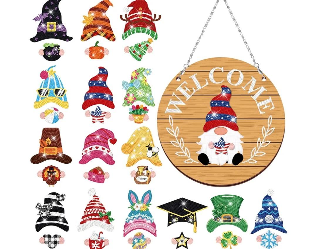 31pcs Interchangeable DIY Gnome Welcome Sign Magnetic Diamond Art Painting Kit for Front Door, Detachable Hat Holiday Decor with Tools, Mother's Day Handmade Gift for Wall Door(Light Wood Color)