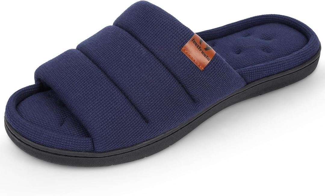 Mens Open Toe Slippers, Comfy Supportive Foam Bedroom Slide Slippers, Non-Slip Indoor House Shoes (9-10, Navy)