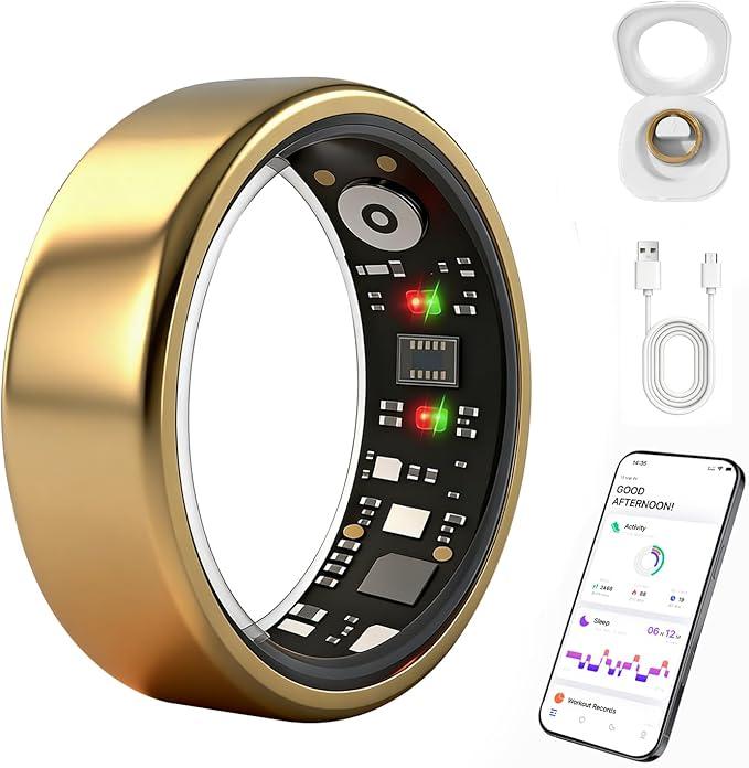 Smart Ring for Women Men, Health Fitness Ring Gen 3 with Free App No Subscription Fee, Stress & Sleep Monitor, Heart Rate & Step Tracker, IP68 Waterproof, Android/iOS Compatible (Gold,7)
