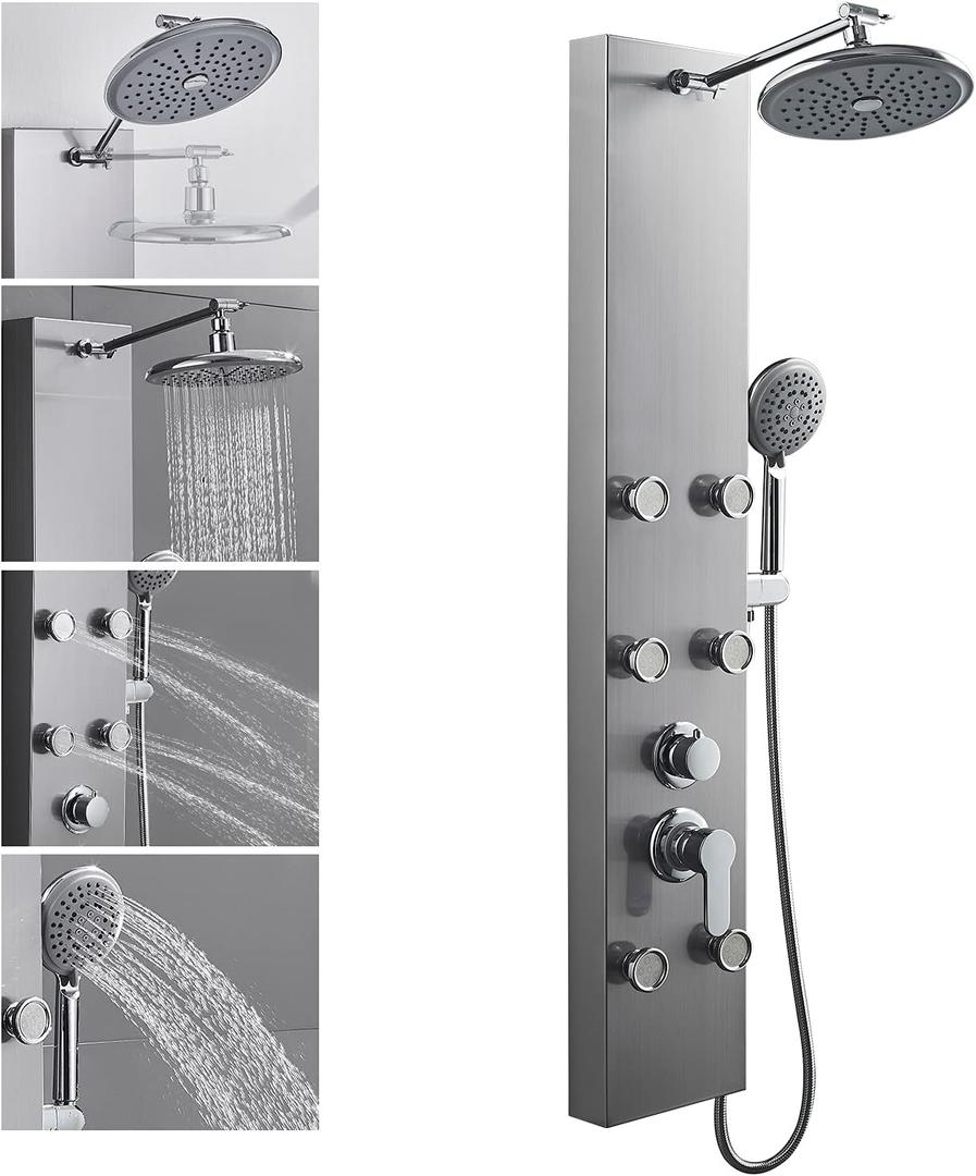 ROVOGO Shower Panel Tower System With Adjustable Shower Head, Brushed | 6 Body Jets, Self-Cleaning Rain Shower and Handheld, Brass Shower Arm and Valves, Stainless Steel Shower Column, 47-1/4 Inch