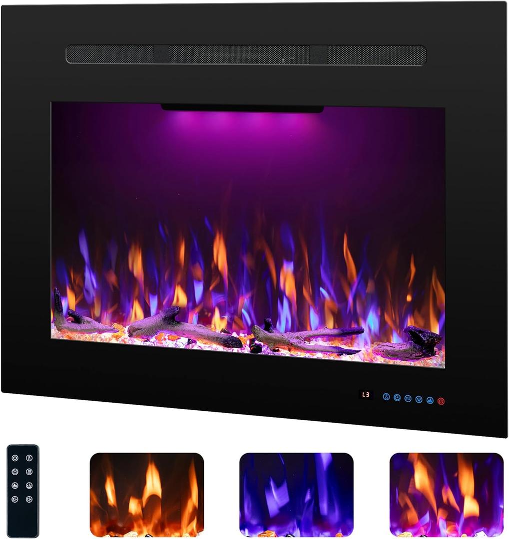 Rodalflame Electric Fireplace Inserts with 3 Flame & Top Light, Recessed Fireplace Heater, Thermostat, 750/1500W, Crackling Sound, Logs & Crystals, Timer, 32.2" W x 26" H Rear, No Wall Mount