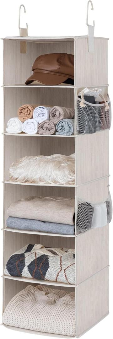 StorageWorks 6-Shelf Hanging Closet Organizer, Hanging Shelves for Closet, Fabric, Mixing of Beige, White & Ivory, 12" D x 12" W x 47 12" H