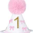 Babenest Felt Birthday Party Hat with Pompom Handcrafted Adjustable Cone Hat, First Birthday Crown for Half to 5th Celebration Party Decor Photo Props (Pink Bow)