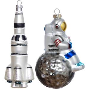 Set of 2 Hand Blown Glass Rocket Ornament and Astronaut on Moon Ornament for Christmas Tree