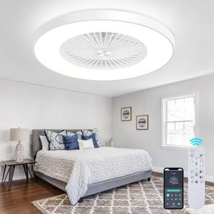24" Low Profile Ceiling Fan with Light, Bladeless Ceiling Fans with Remote/APP Control, Flush Mount Ceilings Fans, Modern Enclosed Led Ceiling Fan 3 Colors Dimmable 6 Speeds Timing White