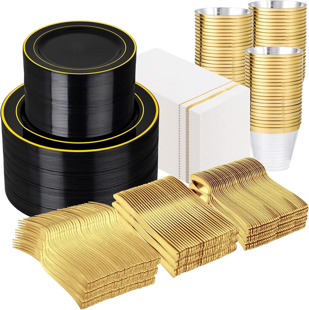 GATHER 700PCS Black Plastic Plates - Gold Disposable Plastic Dinnerware Set Include 200 6.3inch/9inch Black Plates, 300 Silverware, 100 Napkins, 100 Cups for Party & Wedding & Holloween