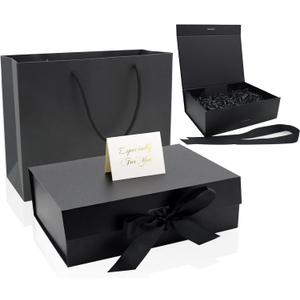 CIOUYAOS Black Gift Box with Lids, Large Ribbon Luxury Magnetic Packaging Box with Paper Bags, 2 Greeting Card and Shredded Paper Filler for Christmas Wedding Men Women Birthday Presents