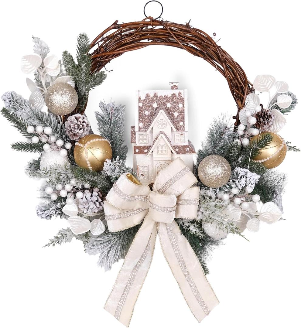 Pre-lit Christmas Wreath 26 Inch, Christmas Village House Wreath with Ornaments & Bow Decoration for Home Front Door Porch Wall Winter Xmas Holiday Decor