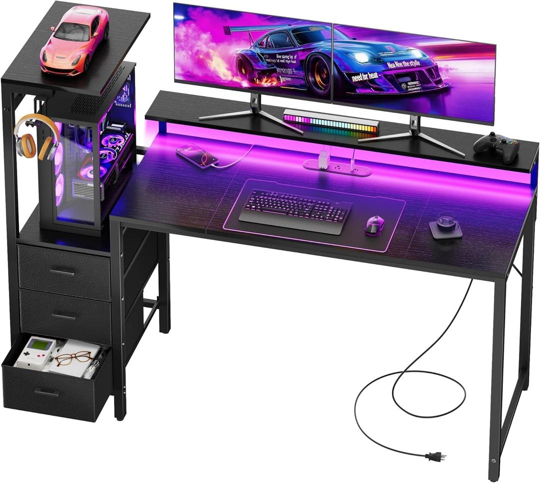 HLDIRECT 60 inch Gaming Desk with 3 Fabric Drawers & Side Hooks-Reversible Home Office Computer Desk with Power Outlets & Led Lights, Gamer Desk Table with Monitor Stand, Black