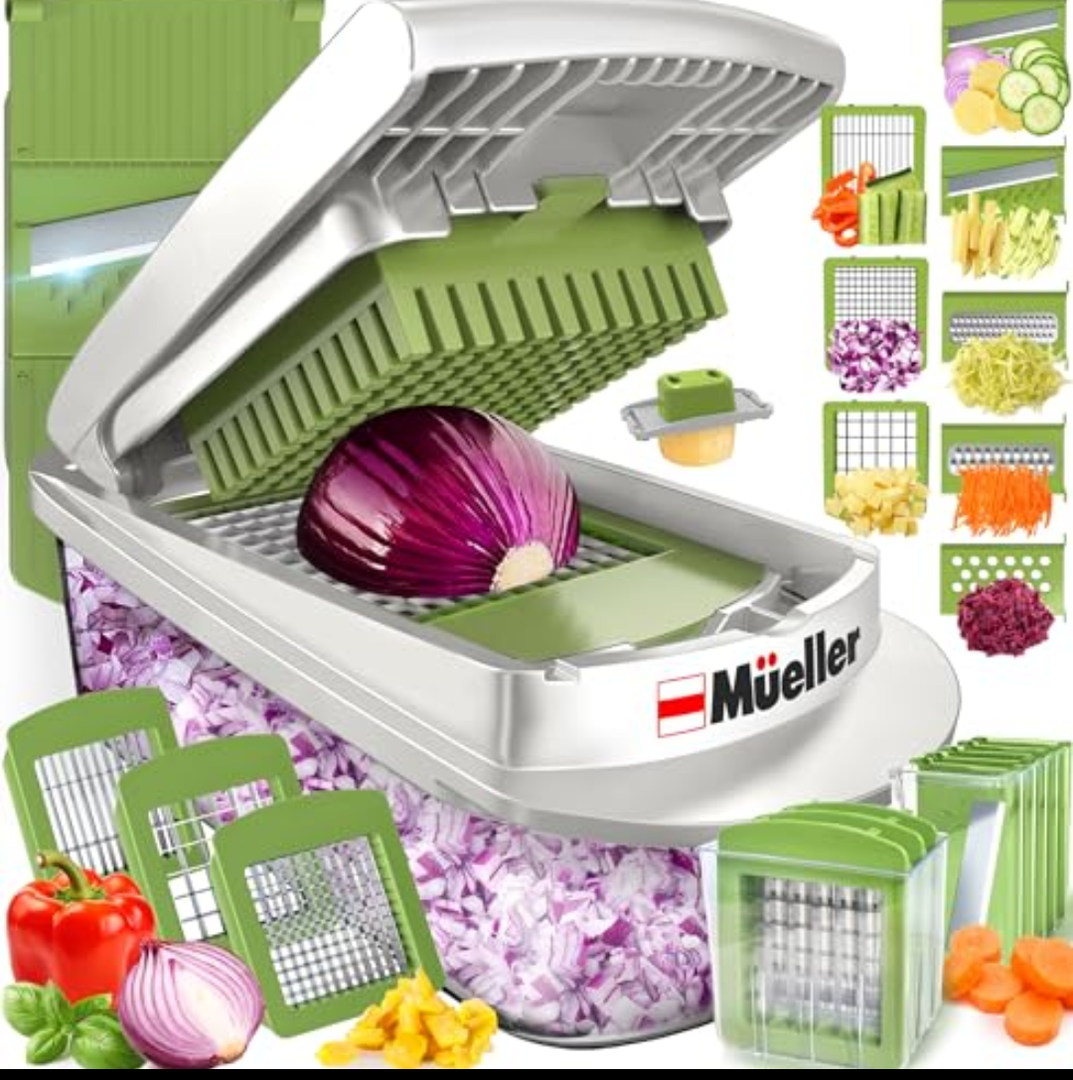 Mueller Pro-Series 10-in-1, 8 Blade Vegetable Chopper, Mandoline Slicer, Food Chopper with Container, Fruit Slicer, Kitchen Gadgets & Accessories, Home Essentials, White Sand/Green