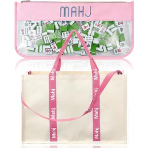 2 Pcs Embroidered Mahjong Canvas Tote Bags Large Empty Mah-Jong Tile Bag Mahjong Lover Accessories, Overnight Carryall (Stylish,Pink)