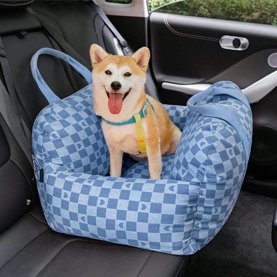 FUNNYFUZZY Car Seat for Small Dogs, Washable Detachable Booster Seat, Comfy Carseat With Storage Pocket, Safety Clip-On Leash, Portable Travel Pet Carrier Bed, Up to 25lbs (Blue Heart Checkerboard)