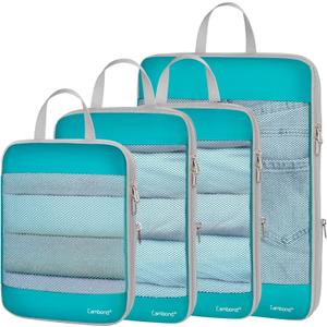 Cambond See Through Mesh Compression Packing Cubes - 4 Piece Expandable Space Saving Packing Cubes for Travel, Lightweight Travel Bags Luggage Packing Organizer Essentials for Suitcases, Lake Blue (4-Piece Set (Weekend/Short Trip Essentials))