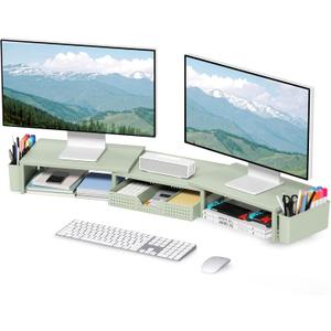 OPNICE Desk Organizers and Accessories, Dual Monitor Stand Riser with Drawer and 2 Pen Holders, Desk Shelf Metal Computer Monitor Stand for Office Workspace Organizers, Desktop Organization (Green)
