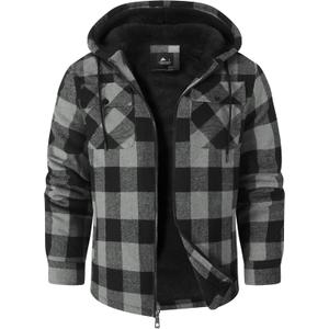 SCODI Men's Flannel Jacket Sherpa Lined Hoodies Zip Up Fleece Plaid Shirt Jackets Winter Outdoor Coat Warm Outwear (XX-Large, Grey)