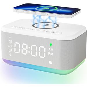 Alarm Clock Speaker Wireless Charger, Digital Alarm Clocks Bedrooms Bluetooth, Alarm Clock Dimmable Light Bedrooms Dual Alarm Snooze Dimmer 12 24H RGB Night Light Bluetooth USB AUX, White