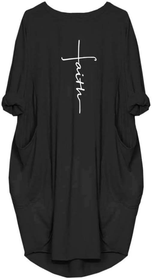 Women's Faith Oversize Baggy Long Sleeve T Shirt Causal Loose Midi Dresses with Pockets (X-Large, Black)