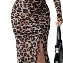 GORGLITTER Women's Maxi Leopard Spring Wedding Guest Dress Drawstring Ruched Asymmetrical Neck Split Dresses (Large, Brown)