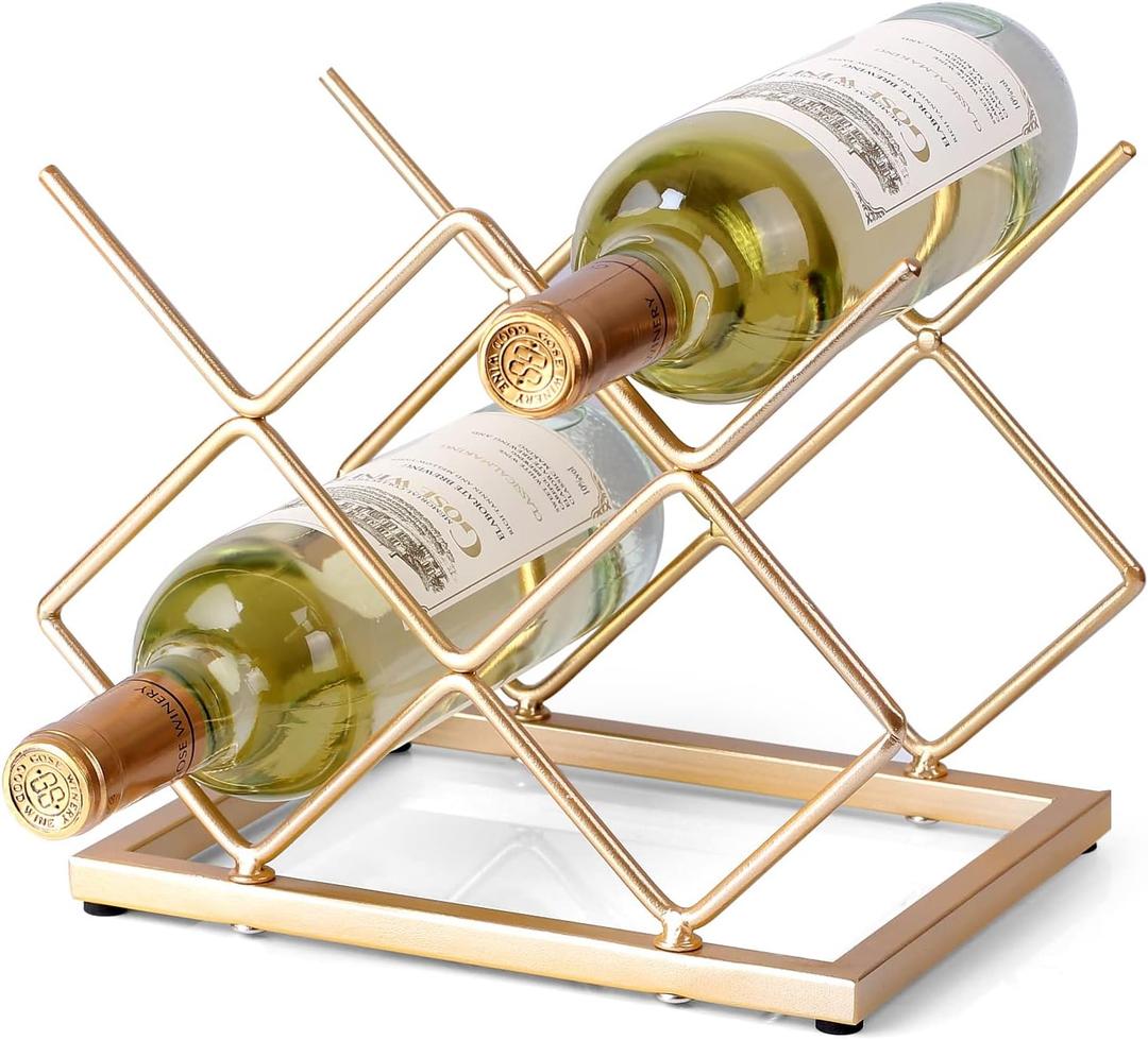 Countertop Wine Rack - 5 Bottle Freestanding Modern Gold Metal Small Wine Rack - Tabletop Wine Holder Stand for Cabinet, Pantry, Wine Bottle Storage