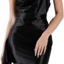 Womens One Shoulder Ruched Ruffle Trim Satin Bodycon Dresses Sleeveless Backless Cocktail Homecoming Mini Dresses (Black) Small