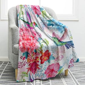Jekeno Hummingbird Floral Blanket Bird Colorful Flowers Print Gifts for Women Kids Girls Mom Bedroom Living Room Birthday Mother's Day Decor Soft Cozy Plush Throw Blanket 50"x60" (White Pink)