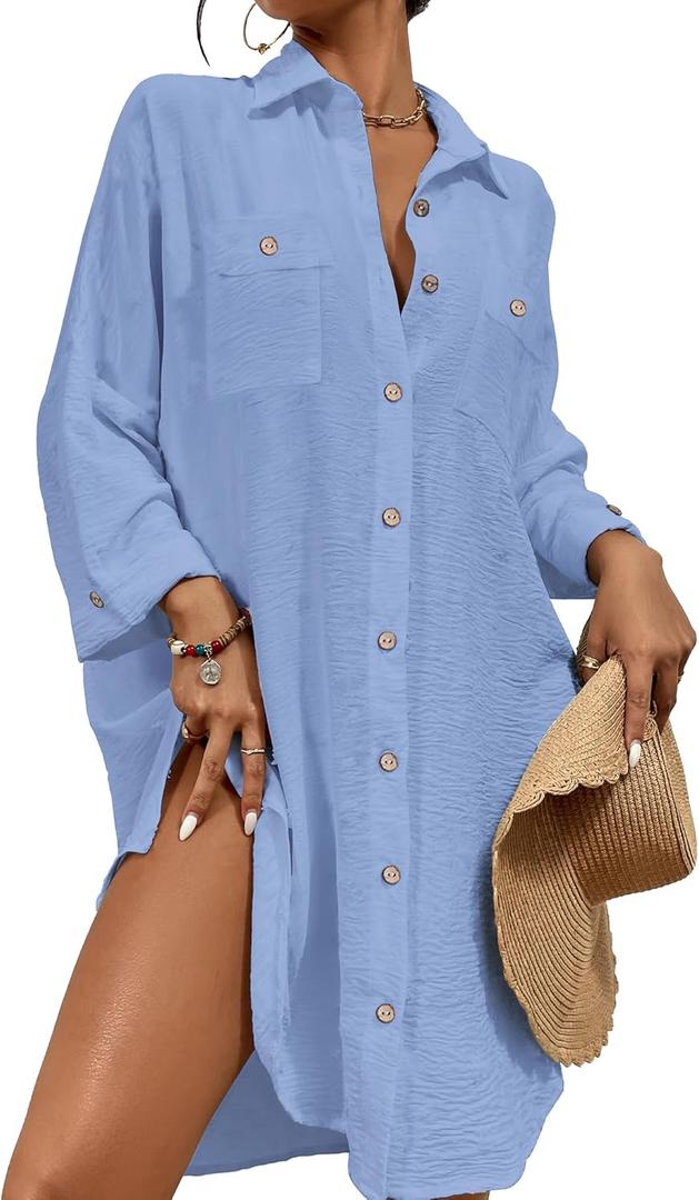Bsubseach Womens Modern Swimsuit Cover Up Blouse Button Down Shirt Dresses Tops, XS