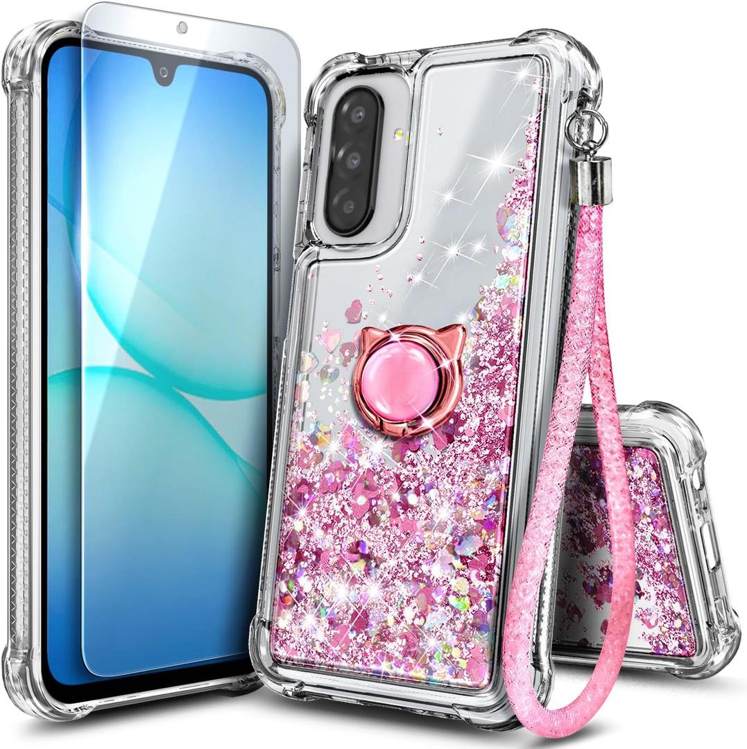 NGB Designed for Samsung Galaxy A17 5G Phone Case, Rose Gold | Glitter Liquid Sparkle Cute Cover for Women Girls Kids | with Screen Protector & Ring Holder & Wrist Strap Lanyard