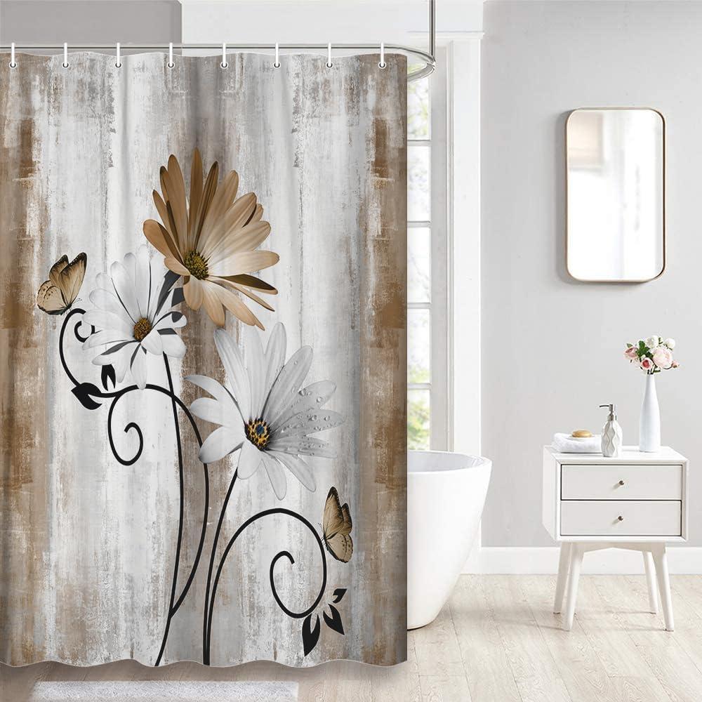 Rustic Farmhouse Daisy Floral and Butterfly Shower Curtain for Bathroom, Cream Tan Beige Brown, 36X70IN