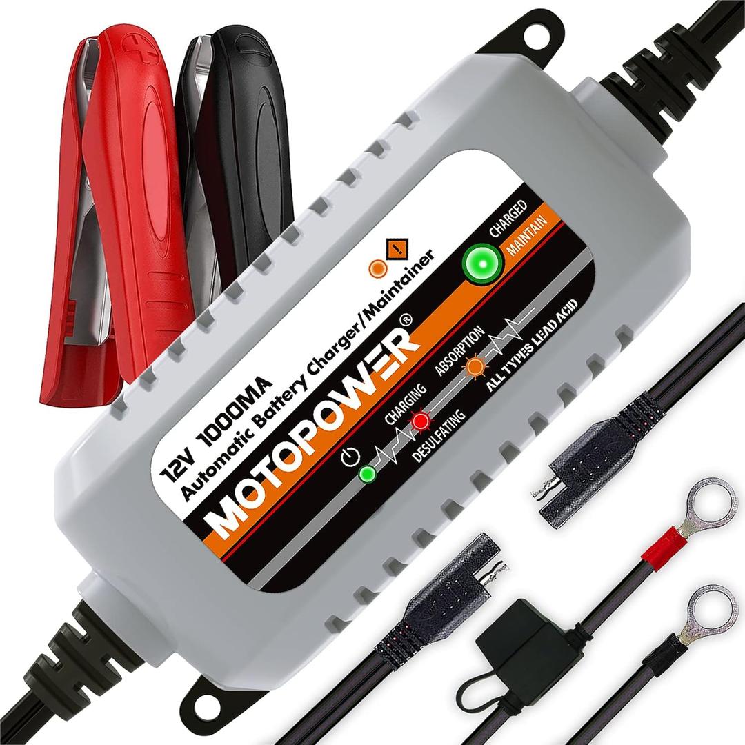 MOTOPOWER MP00205B 12V 1000mA Automatic Battery Charger, Battery Maintainer, Trickle Charger, and Battery Desulfator with Timer Protection - Grey MOTOPOWER MP00205B 12V 1000mA Automatic Battery Charger, Battery Maintainer, Trickle Charger, and Battery Desulfator with Timer Protection - Grey