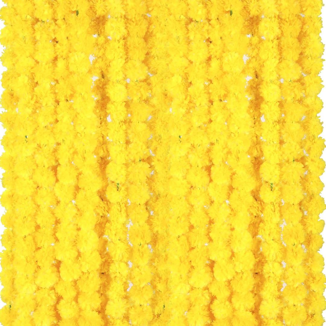 Giegxin 15 Pack Marigold Garland for Decoration 5 ft Long Strands Faux Artificial Marigold Flowers Diwali Indian Wedding Party Mantle Decor for Da De Muertos Pooja Religious Pongal(Yellow)