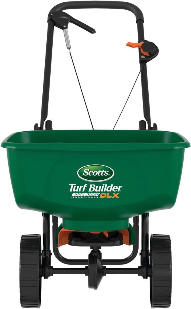 Scotts Turf Builder EdgeGuard DLX Broadcast Spreader - Spreader for Lawn Fertilizer, Weed & Insect Control, Grass Seed, and Ice Melt, Holds Up to 15,000 sq. ft. of Product, Single Pack, Deluxe