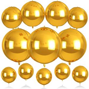 2 x Gold Round Balloons, 12Pcs Metallic Gold Foil for Graduation Prom Wedding, 22" x3, 18" x2, 15" x2, 10" x5