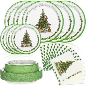 Yungyan 150 Pcs Christmas Paper Plates and Napkins Set Green and White Disposable Set for 50 Guests Christmas Tree Design Party Table Decorations Disposable