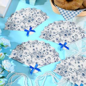 60 Pcs Blue Flower Plastic Hand Fans with Bow Bulk Wedding Favor Fans for Guests Gifts Plastic Chinoiserie Handheld Decorations for Mediterranean Bridal Shower Bridesmaid Party