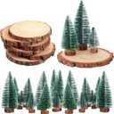 AceOrbit 24pcs Bottle Brush Trees in 3 Size 18 Woodland Table Decor with 6 Unfinished Round Wood Slices Wedding Centerpiece for Farmhouse DIY Crafts