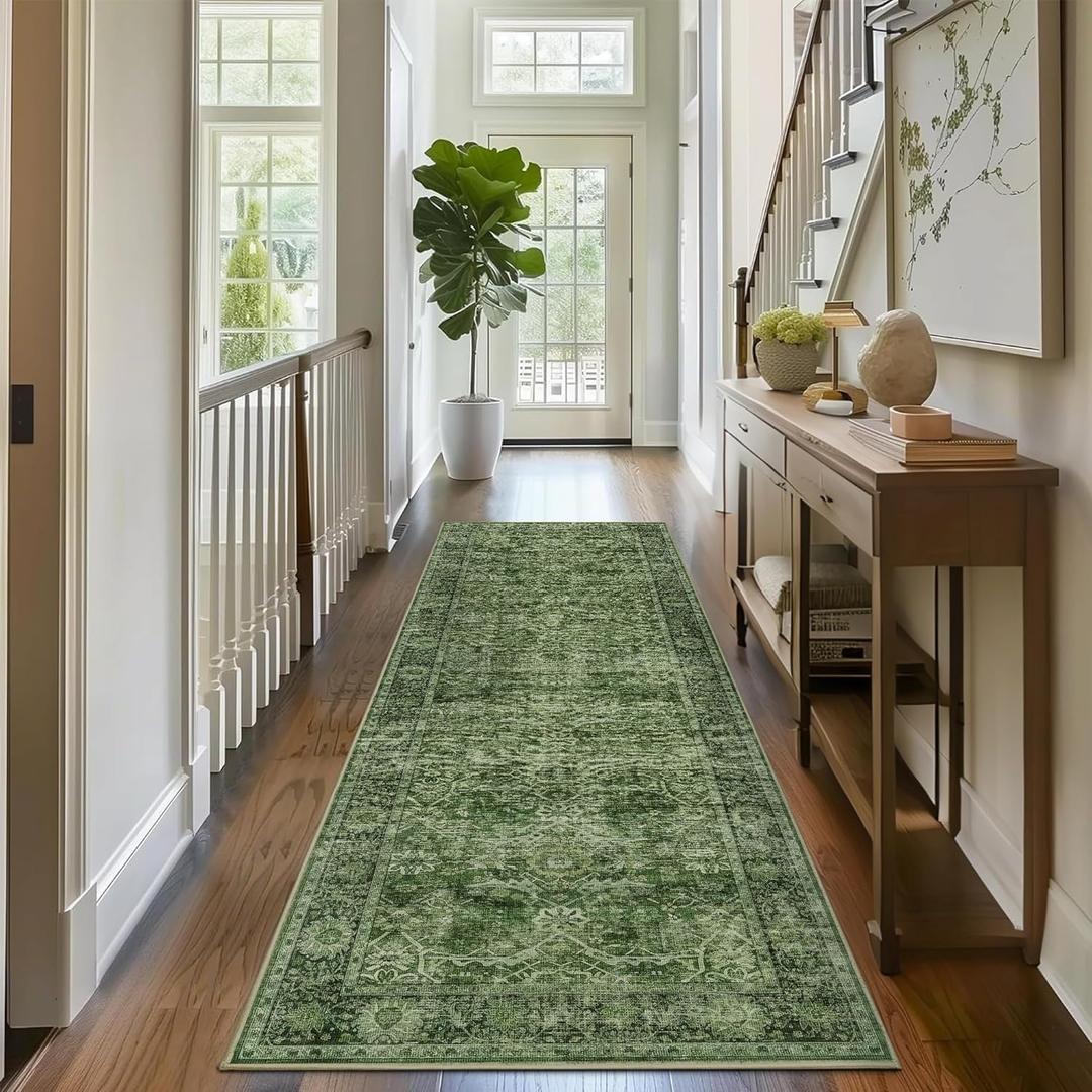 2x5 Green Vintage Washable Runner Rugs for Hallway Kitchen Boho Hallway Carpet Low Pile Non-Slip Retro Distressed Accent Throw Rug for Entryway Bathroom Bedroom Green