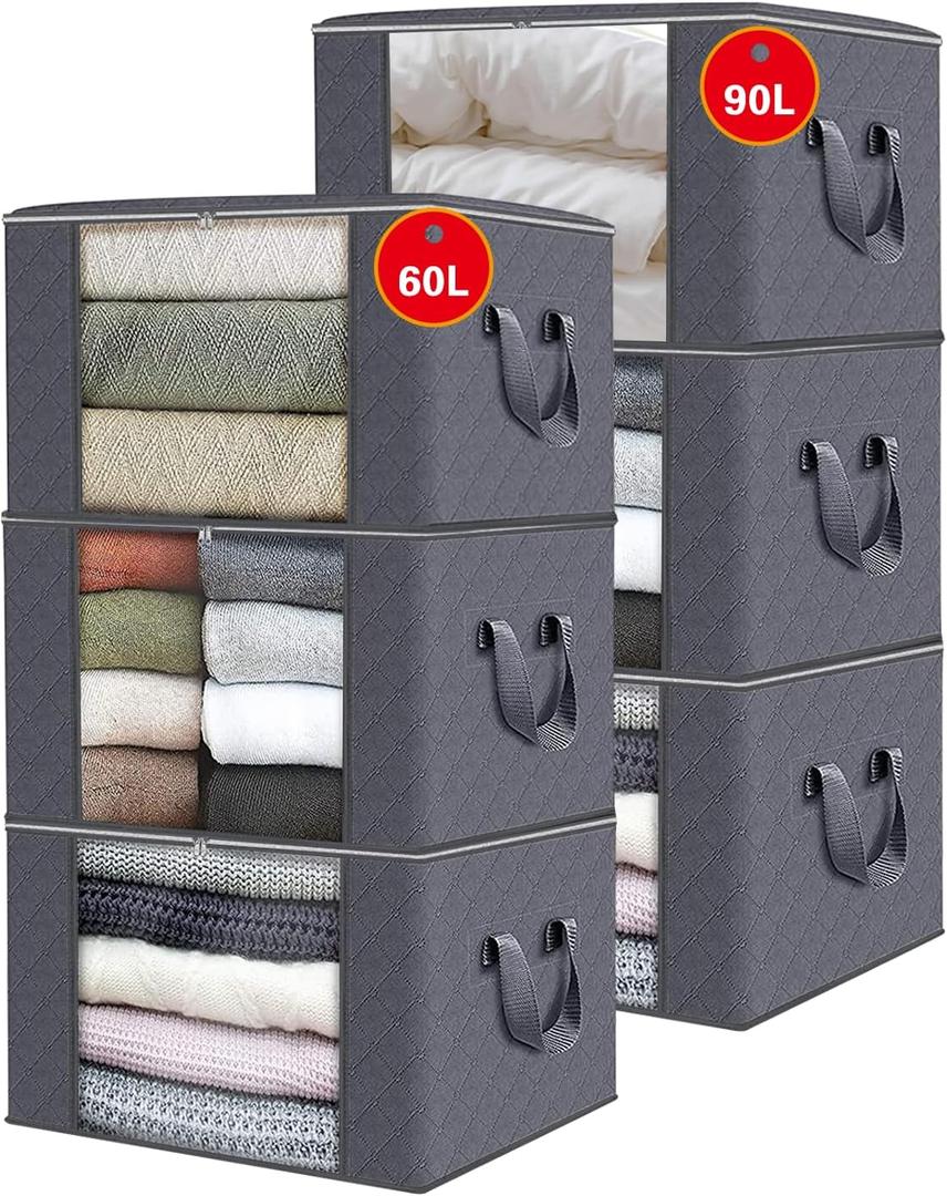 6 Pack 60L/90L Extra Large Moving Bags Comforter and Blanket Storage Bins With Lids Foldable Storage Bags For Clothing, Blanket, Comforters, Bed Sheets, Pillows