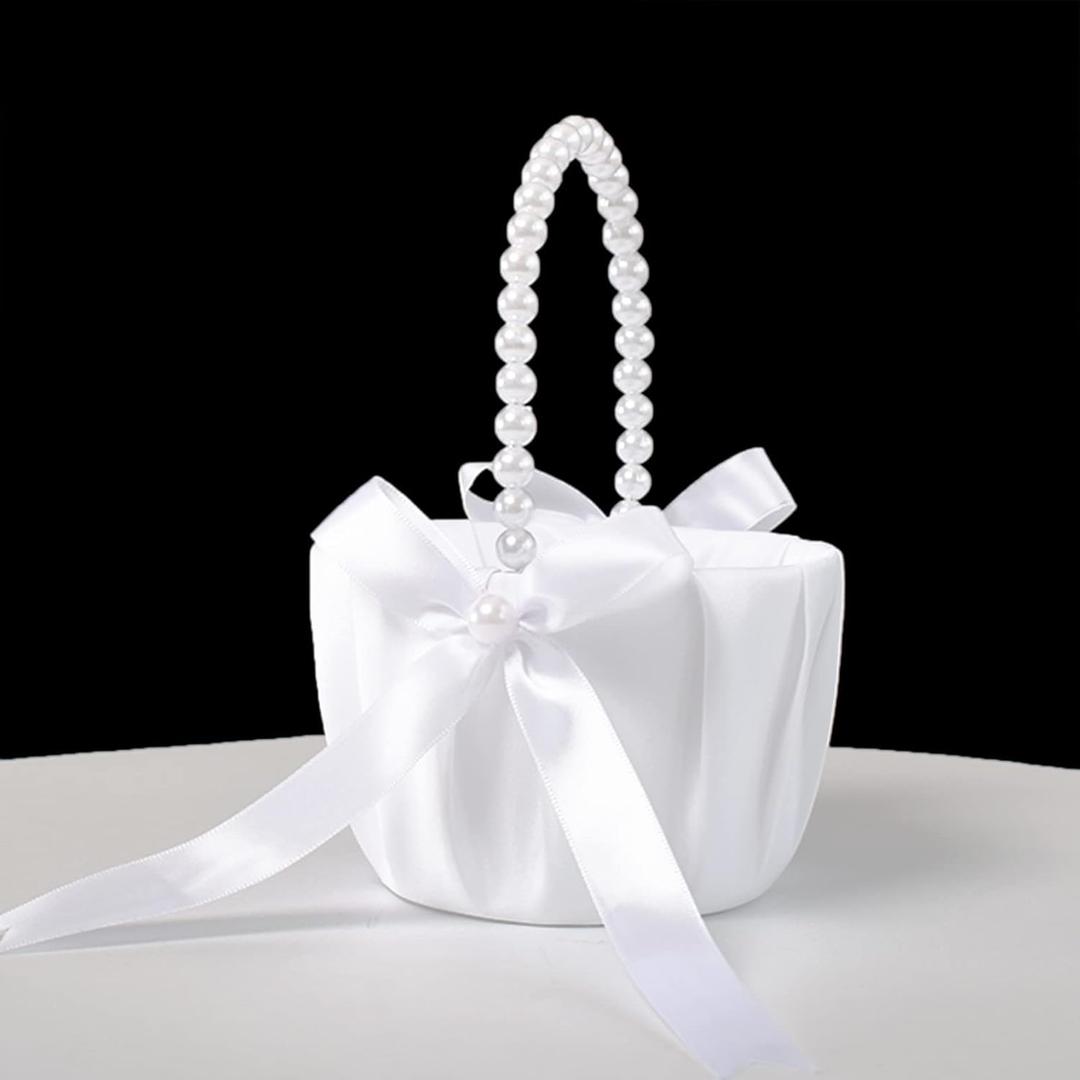 ATAILOVE Wedding Flower Girl Baskets with Pearl Handle, Satin Bowknot Flower Baskets for Flower Girl Pearl Collection, White