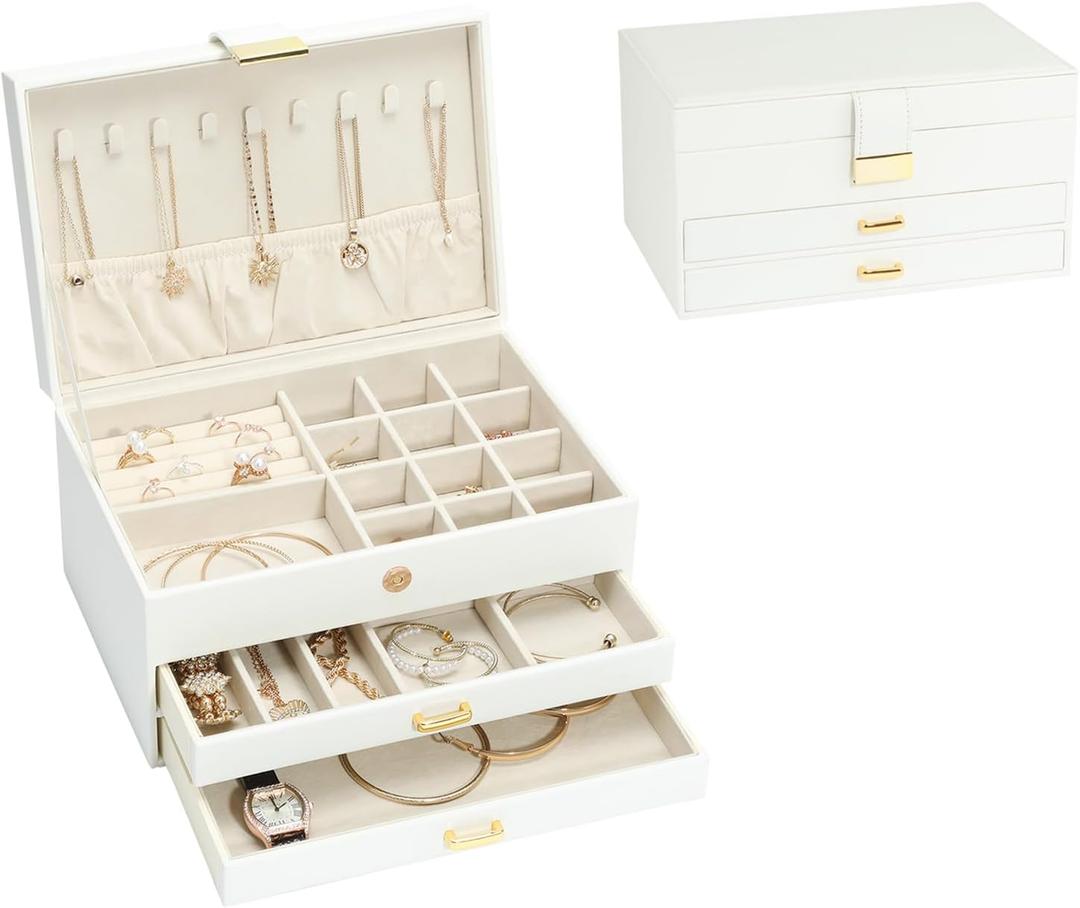 Jewelry Organizer Box for Women Girls, 3-Layer Jewelry Case with 2 Drawers Jewelry Storage Box for Ring Earrings Bracelets Necklaces(White)