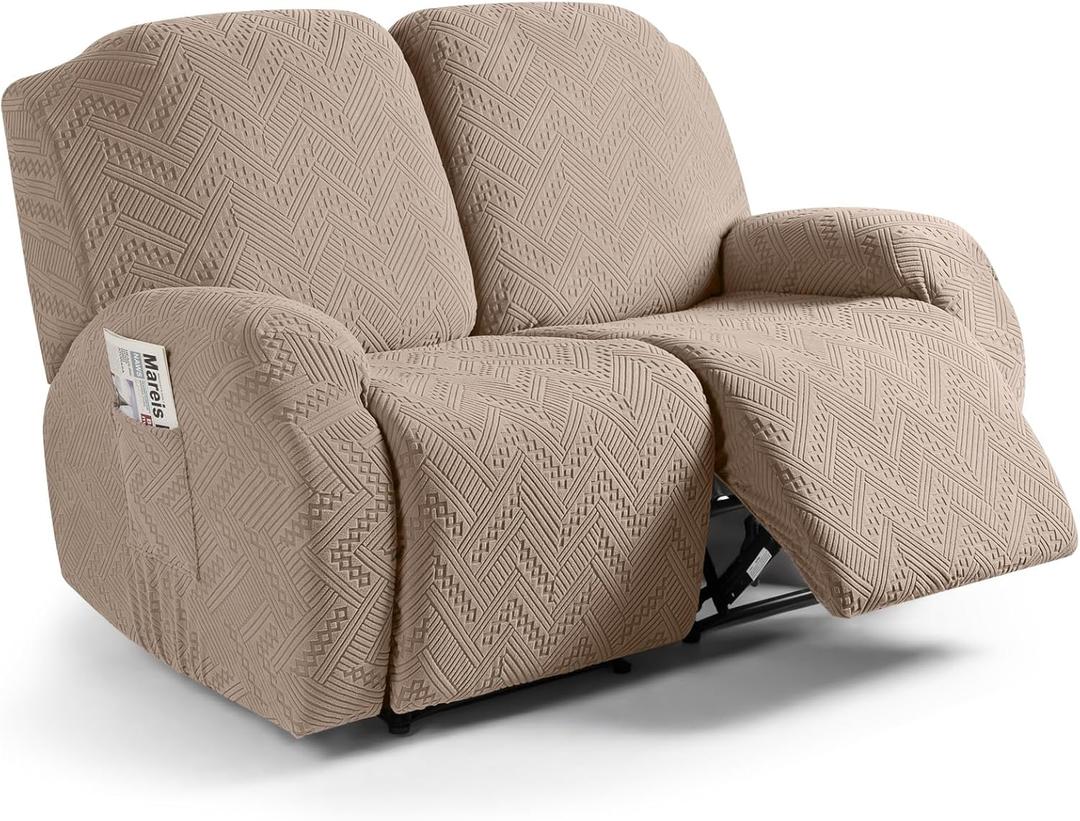 Ruaozz Recliner Sofa Covers Recliner Chair Covers Loveseat Recliner Slipcovers with Pockets Washable Furniture Protector with Elastic Bottom (2 Seater, Khaki)